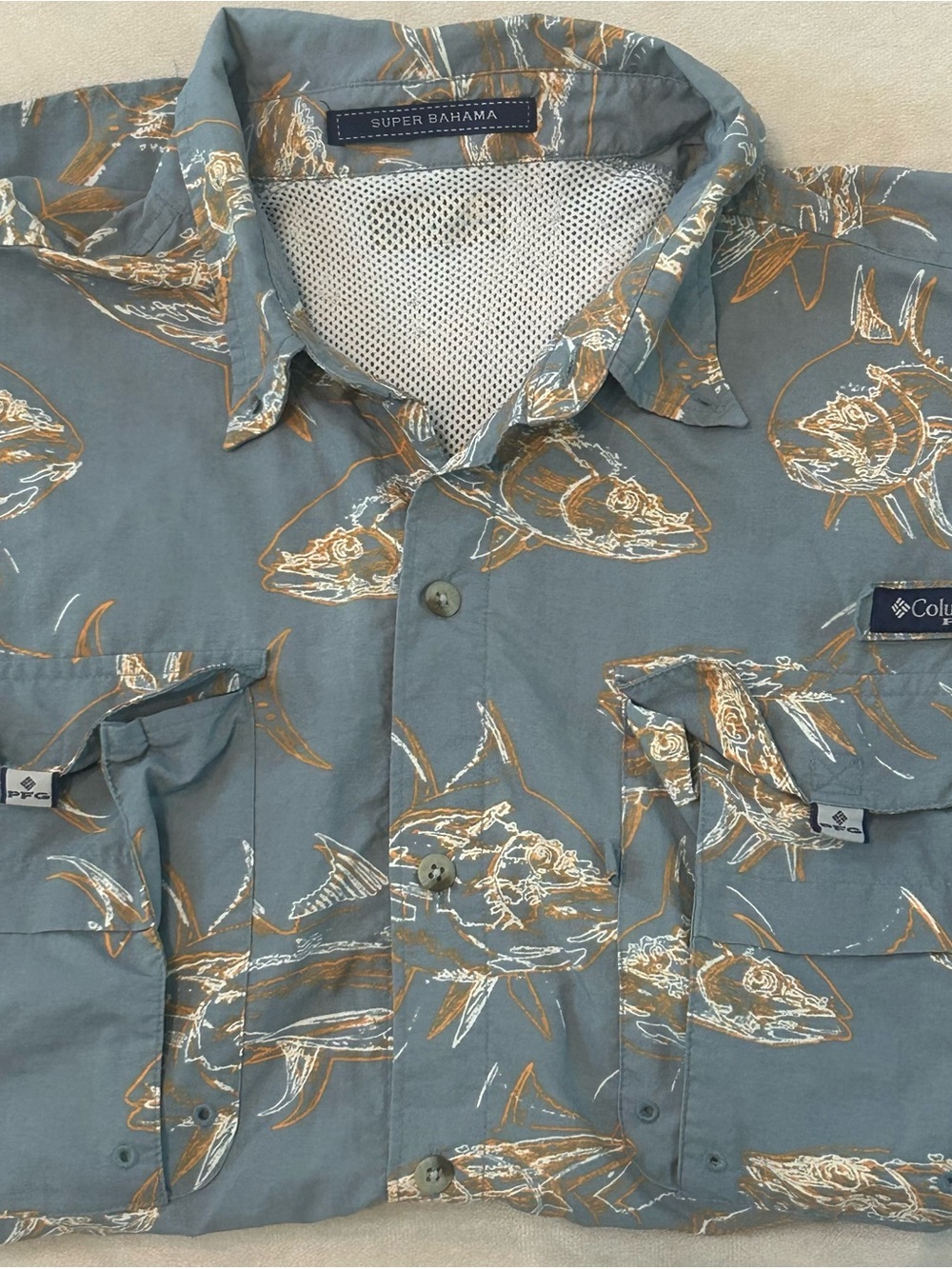 Columbia PFG Super Bahama Fishing Shirt Fish Print Gray Nylon XL / XXL